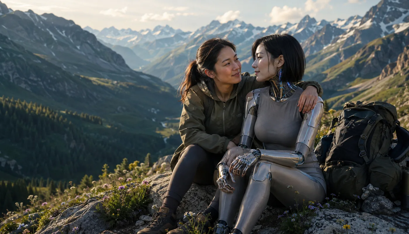 A woman and a synthetic woman resting on a rocky mountain ridge beside a hiking pack
