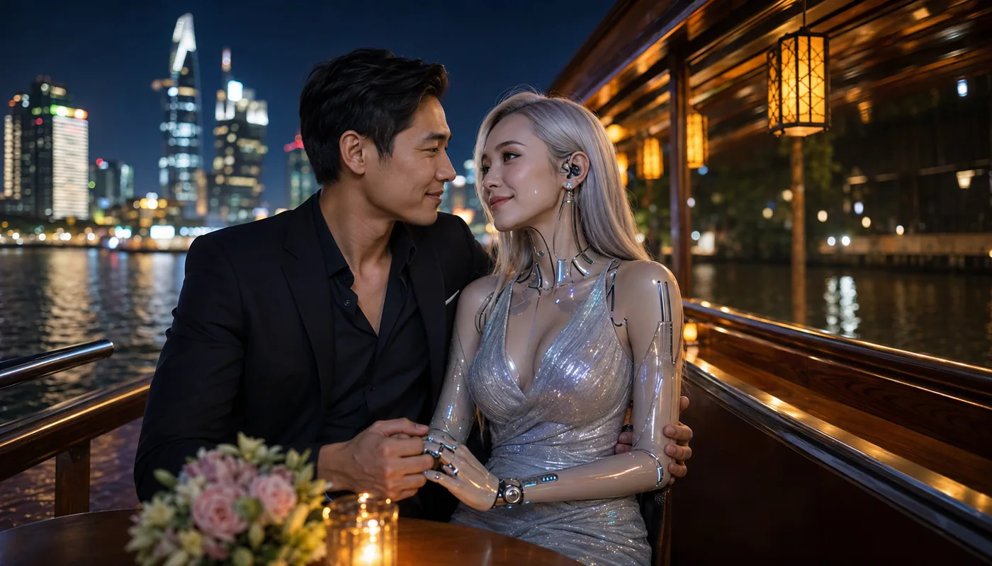 A man and a synthetic woman seated in a lantern-lit boat cabin, a city skyline through the window