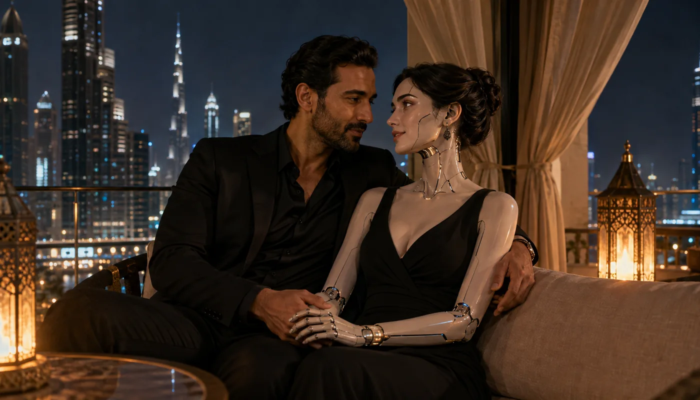 A man and a synthetic woman seated on a terrace sofa at night, tall towers lit behind them