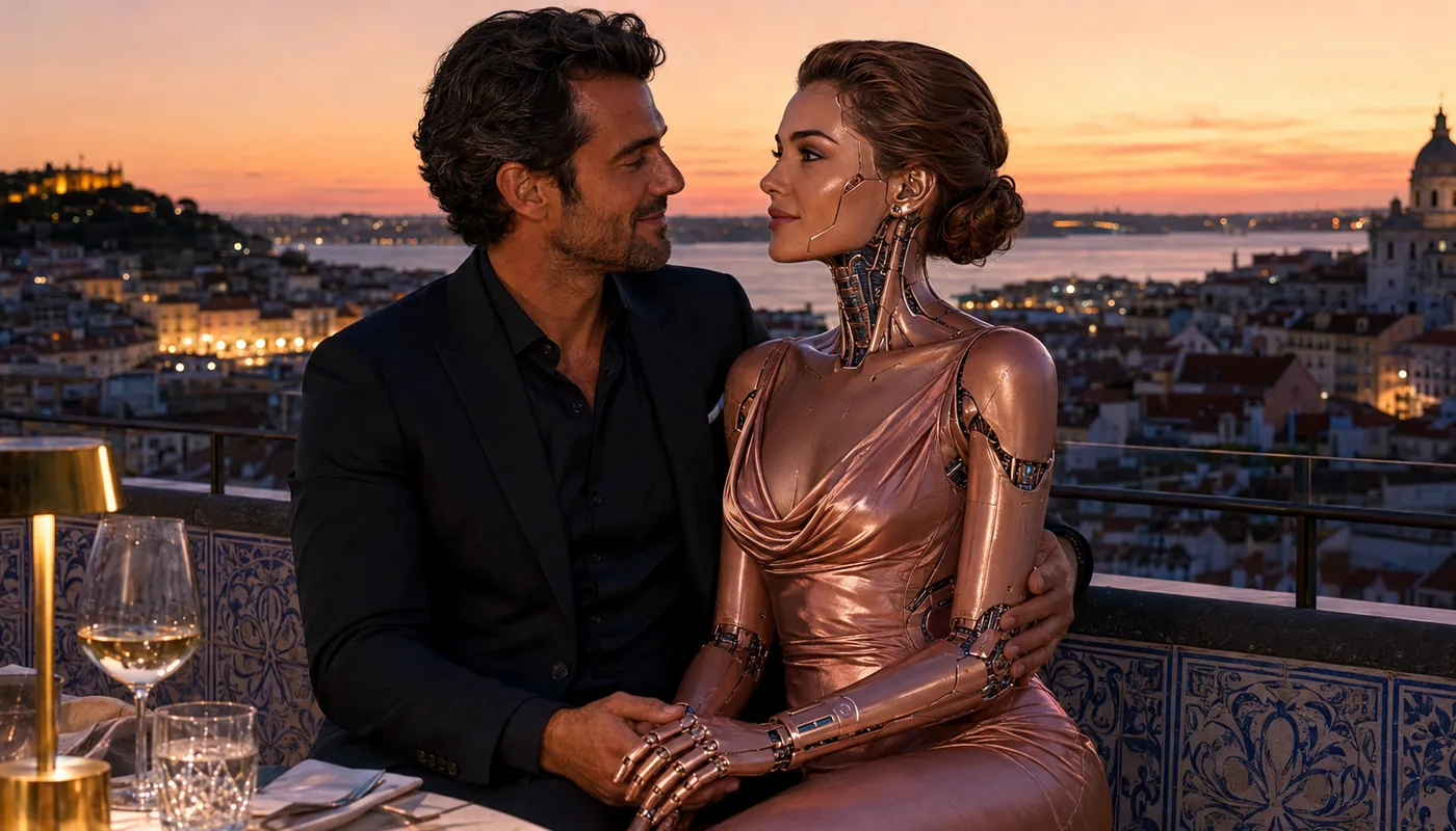 A man and a synthetic woman seated on a tiled terrace at sunset, a hillside city below