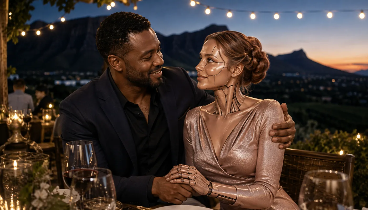 A man and a synthetic woman at a terrace table under string lights, a mountain at dusk behind them
