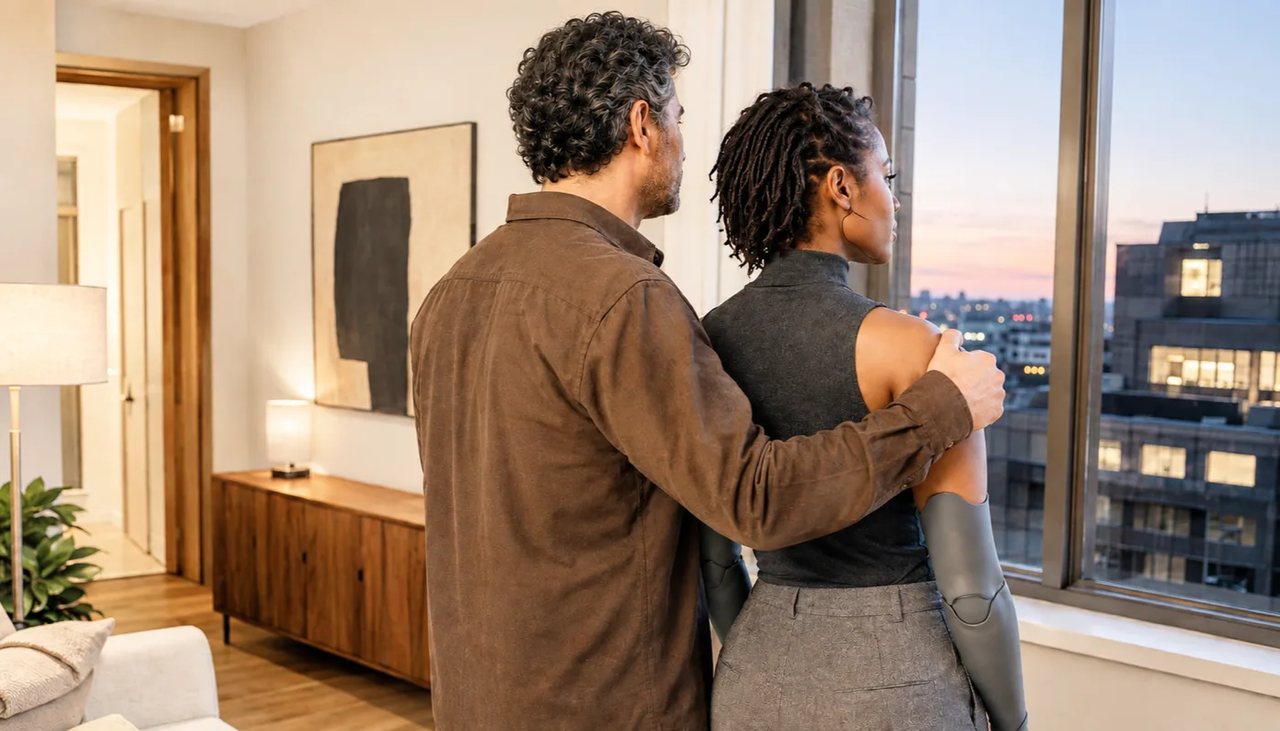 A man with his arm around a synthetic woman's shoulder, both looking out of a window at dusk
