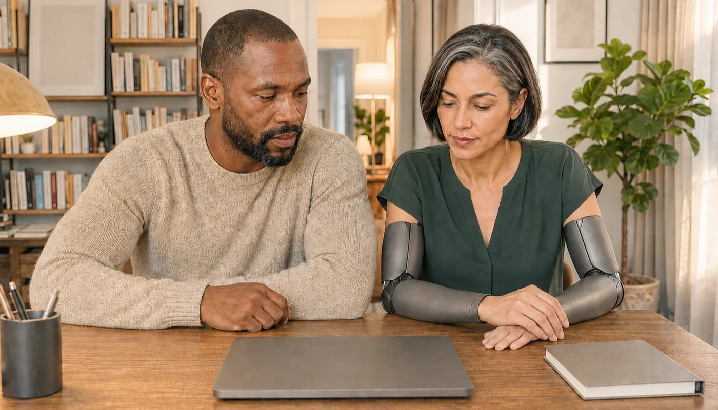 A man and a synthetic woman sitting side by side at a desk