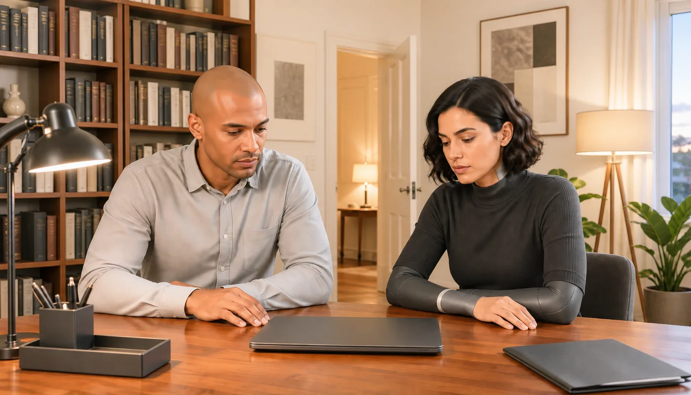 A man and a synthetic woman seated at a desk with a closed laptop between them