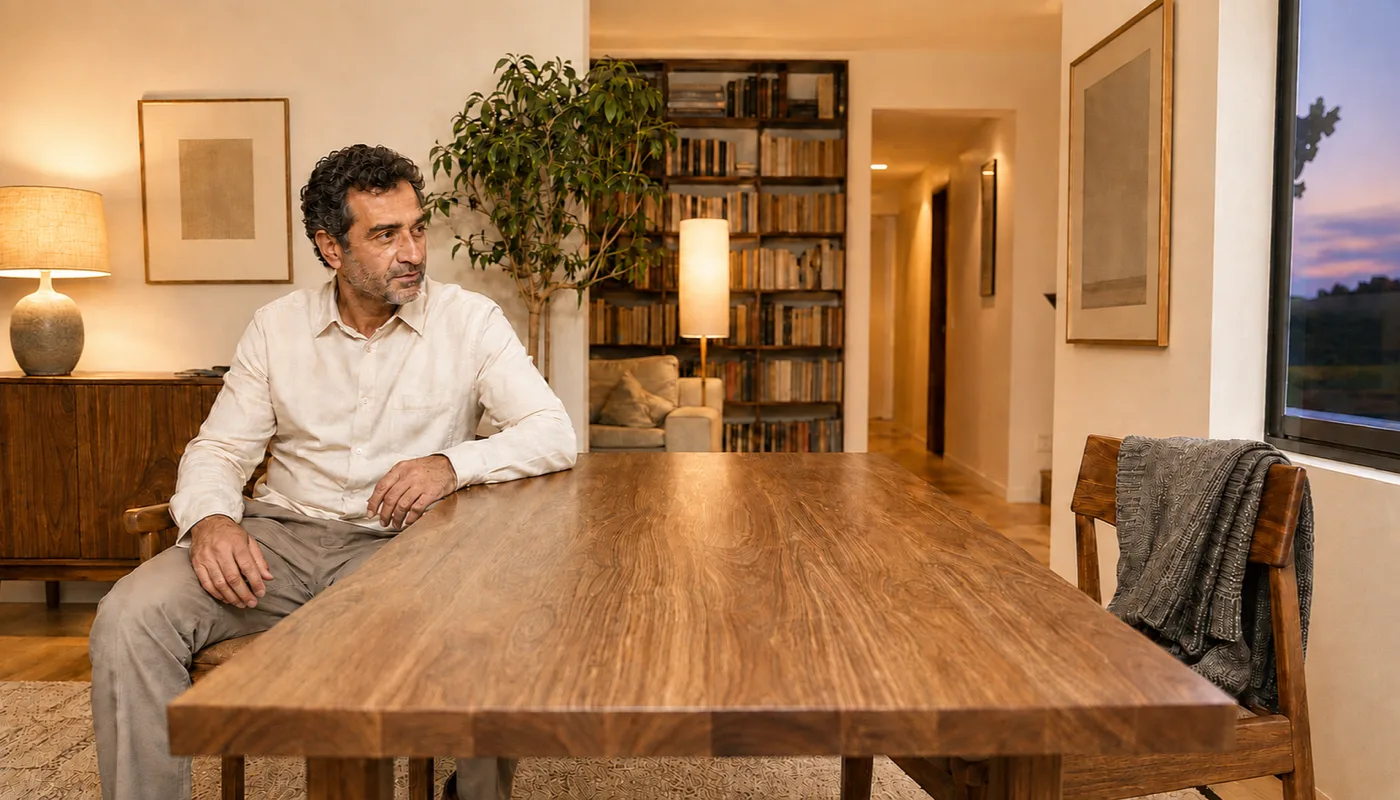 A man alone at a dining table with an empty chair pulled out beside him