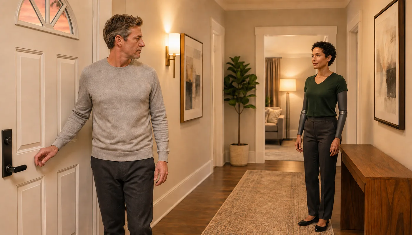 A man closing a front door with a synthetic woman standing further down the hallway