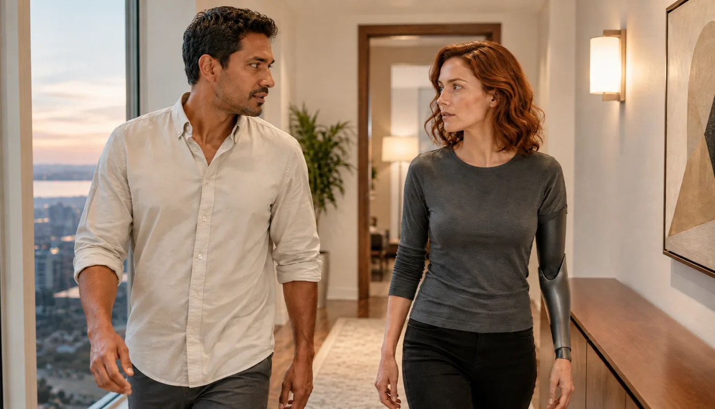 A man and a synthetic woman passing each other in a hallway, both half turned as if speaking