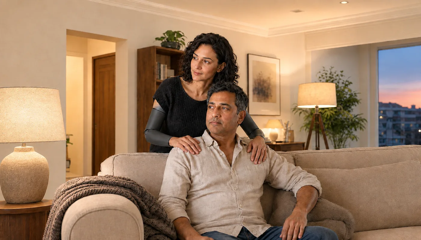 A synthetic woman leaning over the back of a sofa with both hands on a seated man's shoulders