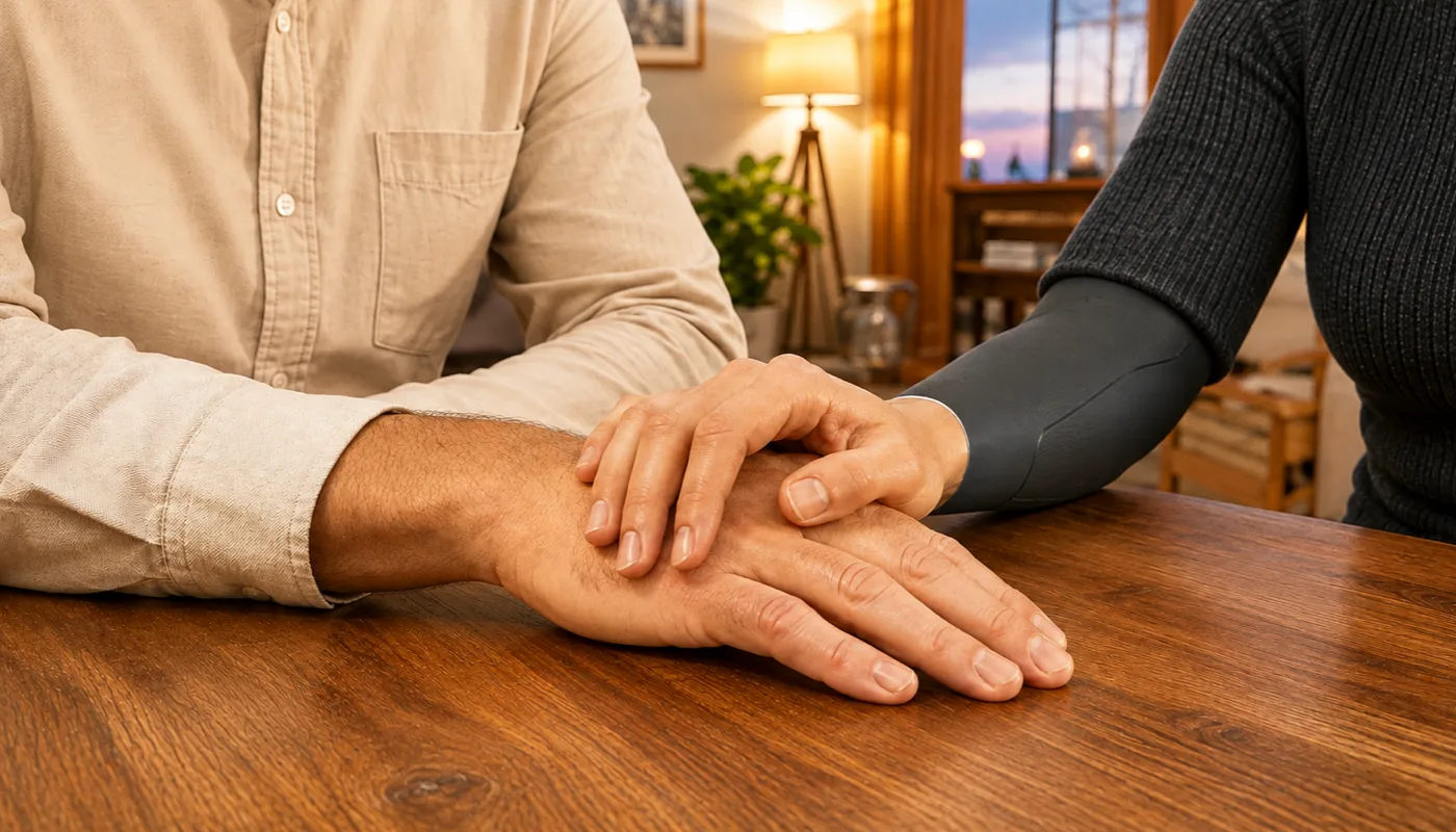 A synthetic hand resting over a man's hand on a wooden table in low evening light