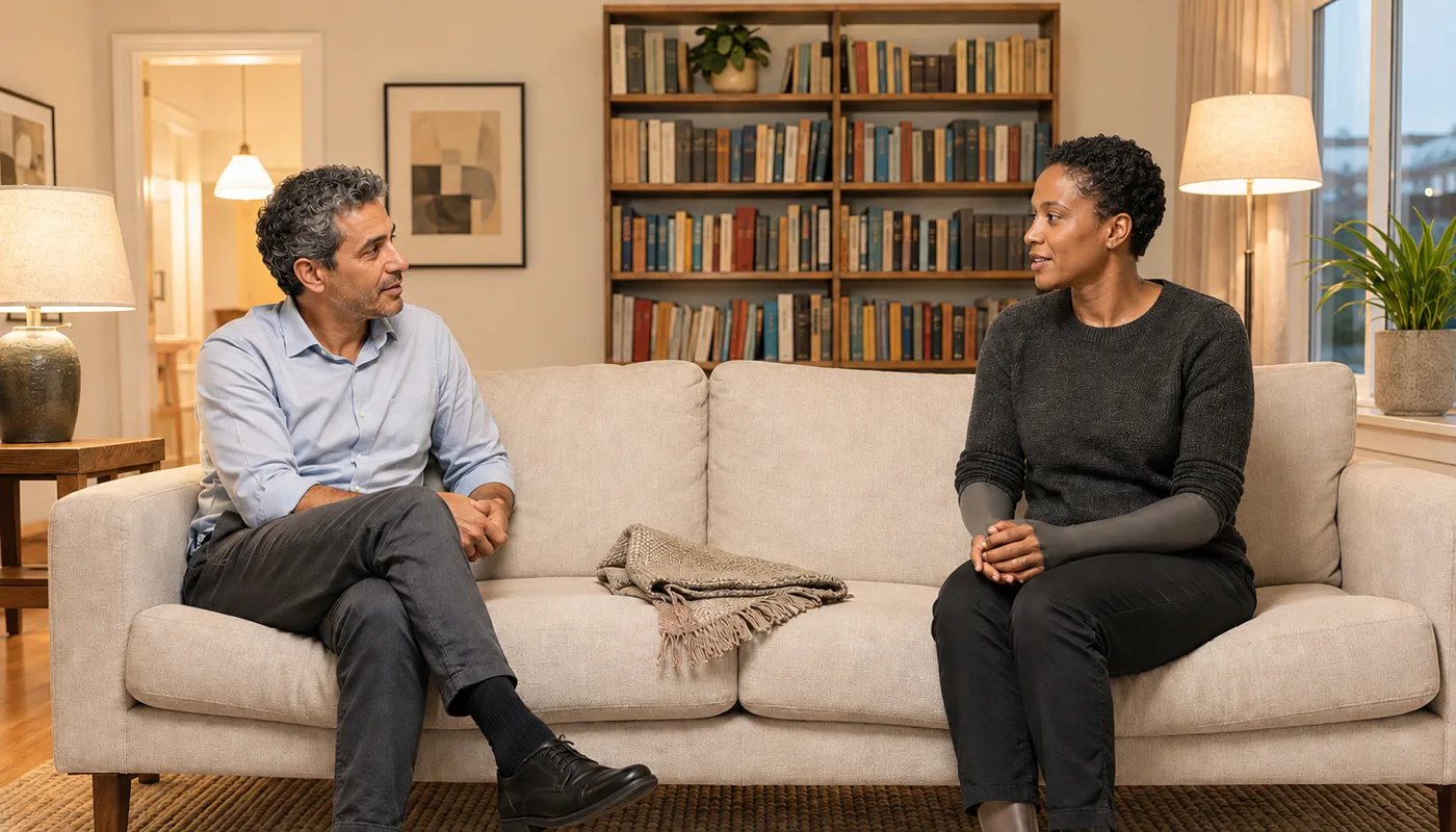 A man and a synthetic woman sitting at opposite ends of a sofa, turned toward each other