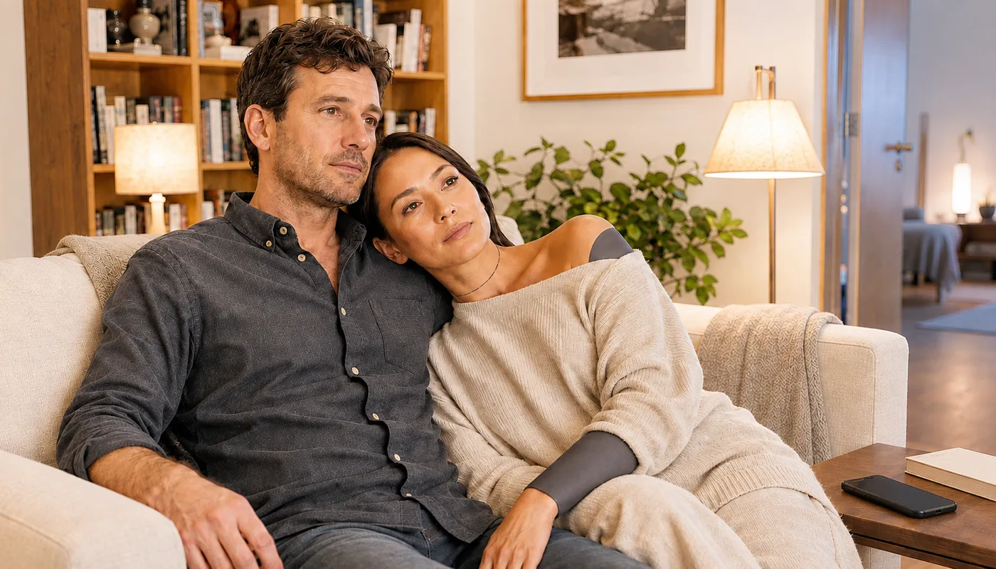A synthetic woman resting her head on a man's shoulder on a sofa in a warmly lit living room