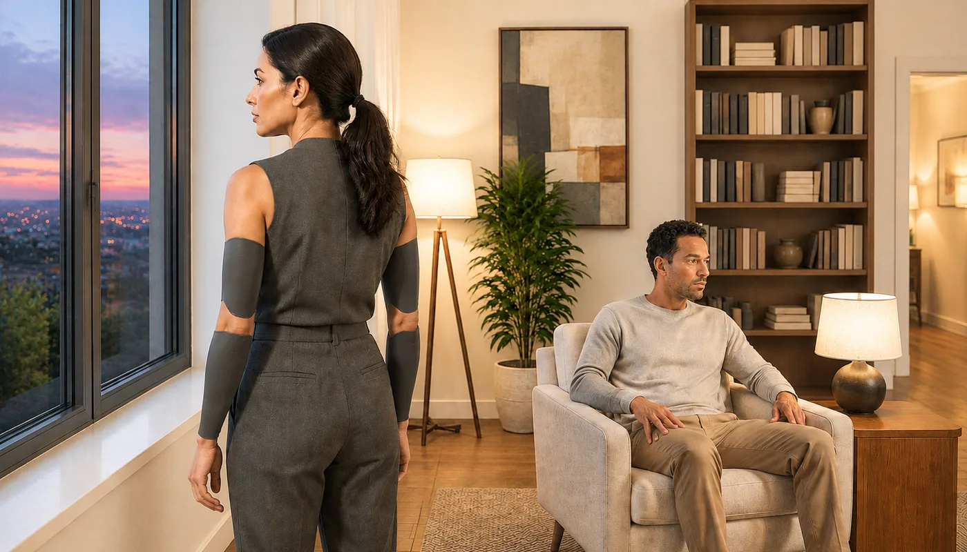 A synthetic woman standing at a window with her back to a lamplit room where a man is sitting