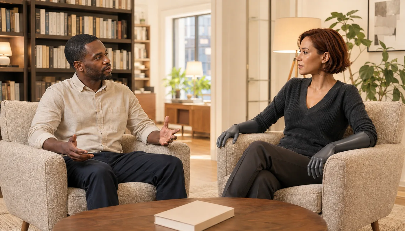 A man and a synthetic woman sitting in two armchairs angled toward each other in the evening