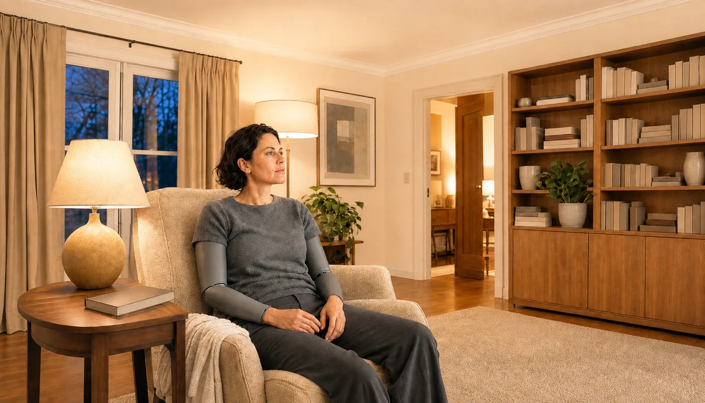 A synthetic woman sitting alone in an armchair, looking toward an empty doorway