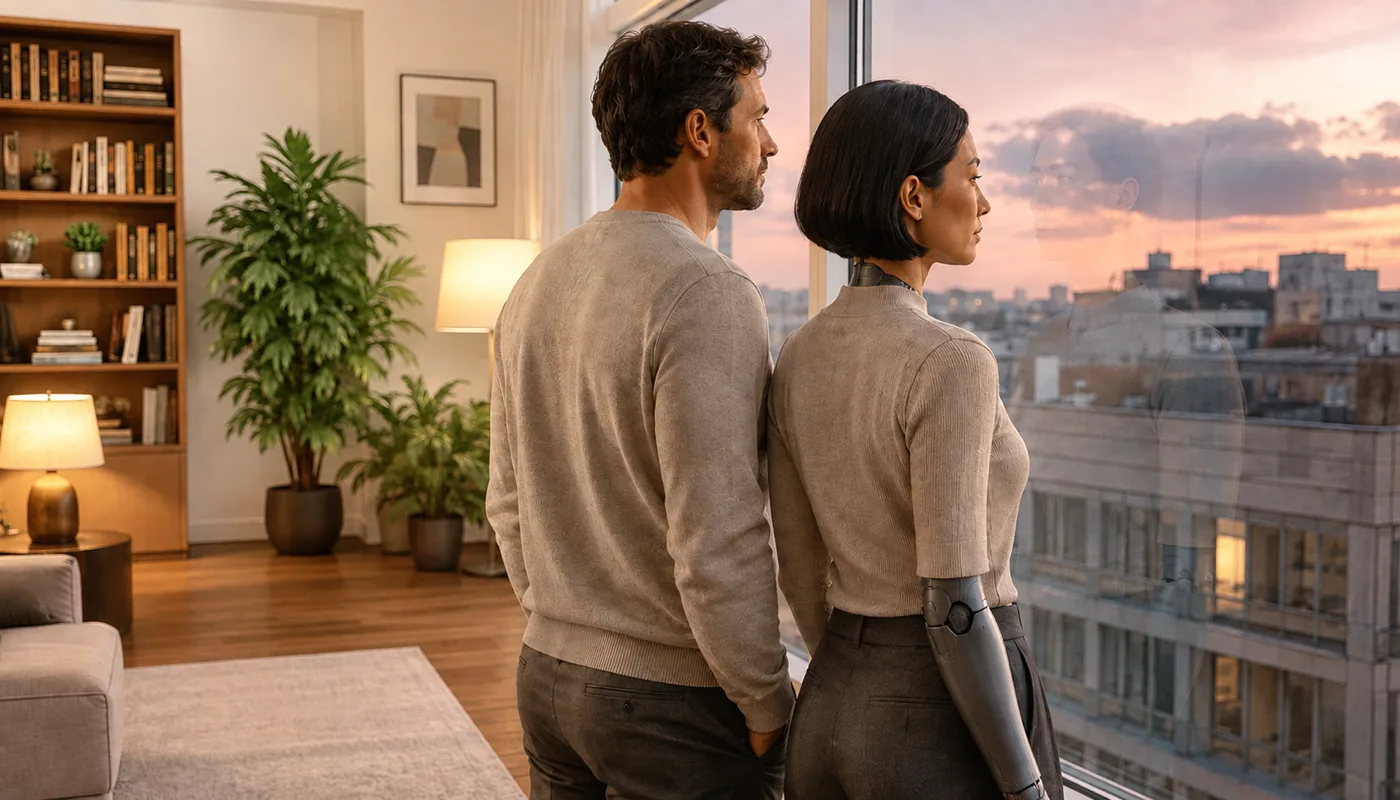 A man and a synthetic woman standing at a window at dusk, looking out over a lit city