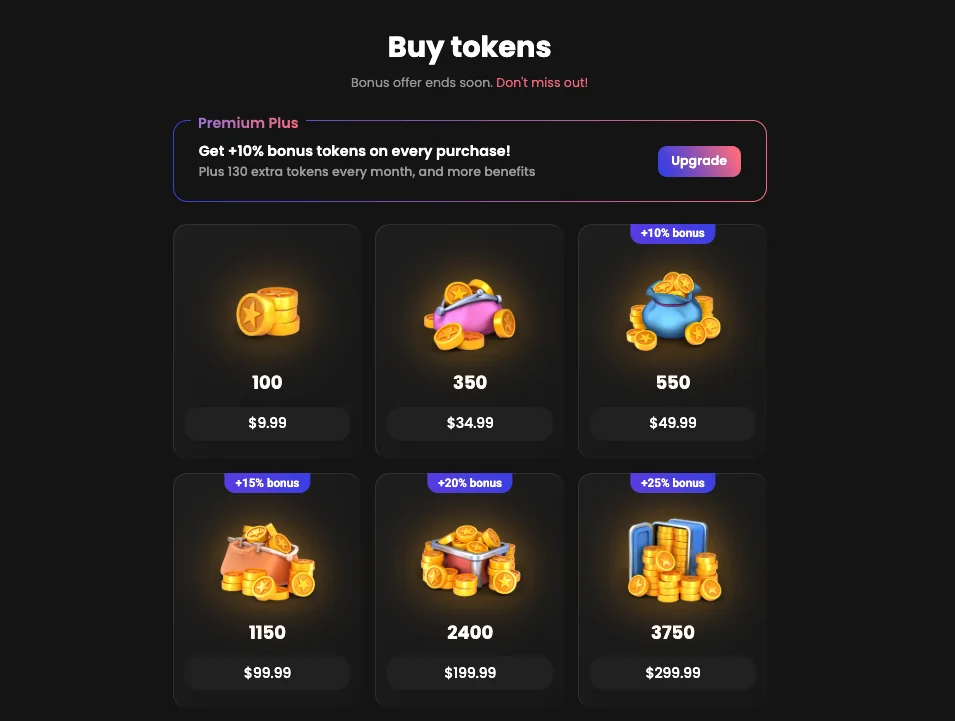 Candy.ai's token store: six packs from 100 tokens at $9.99 to 3,750 at $299.99, with bonus badges on the larger packs