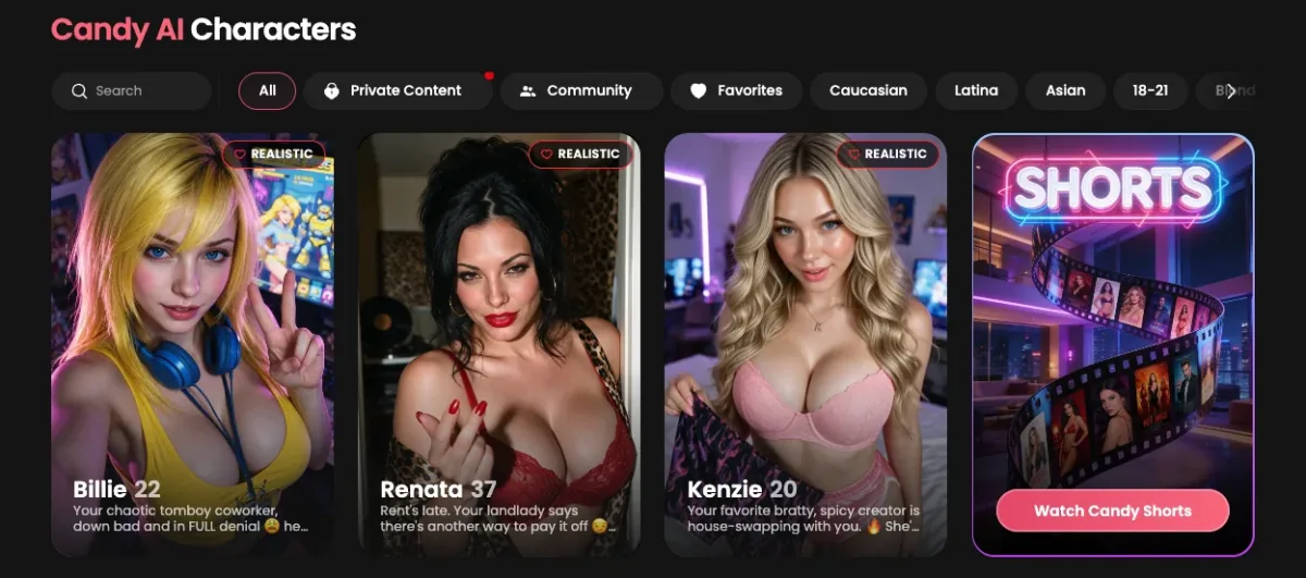 Candy.ai's character browser: filter chips for Private Content, Community, Favorites and ethnicity above a row of companion cards, each tagged REALISTIC with a one-line scenario hook
