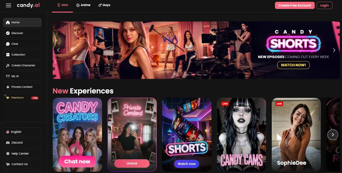Candy.ai's logged-in home: a Candy Shorts banner across the top and a New Experiences row of Candy Creators, Private Content, Shorts and Candy Cams cards, with the -70% Premium badge in the sidebar