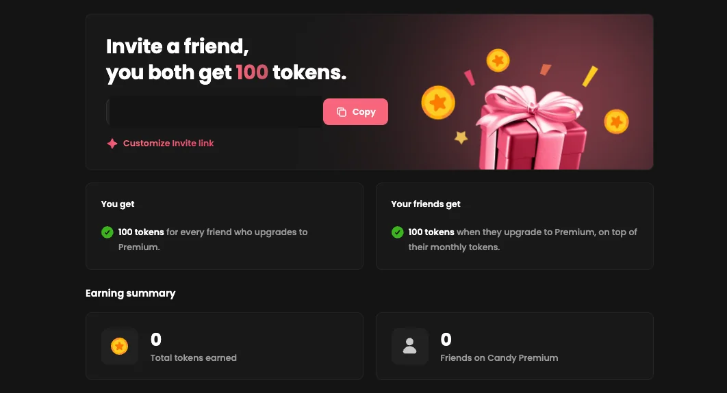 Candy.ai's referral page: invite a friend and you both get 100 tokens when they upgrade to Premium, with an earning summary underneath