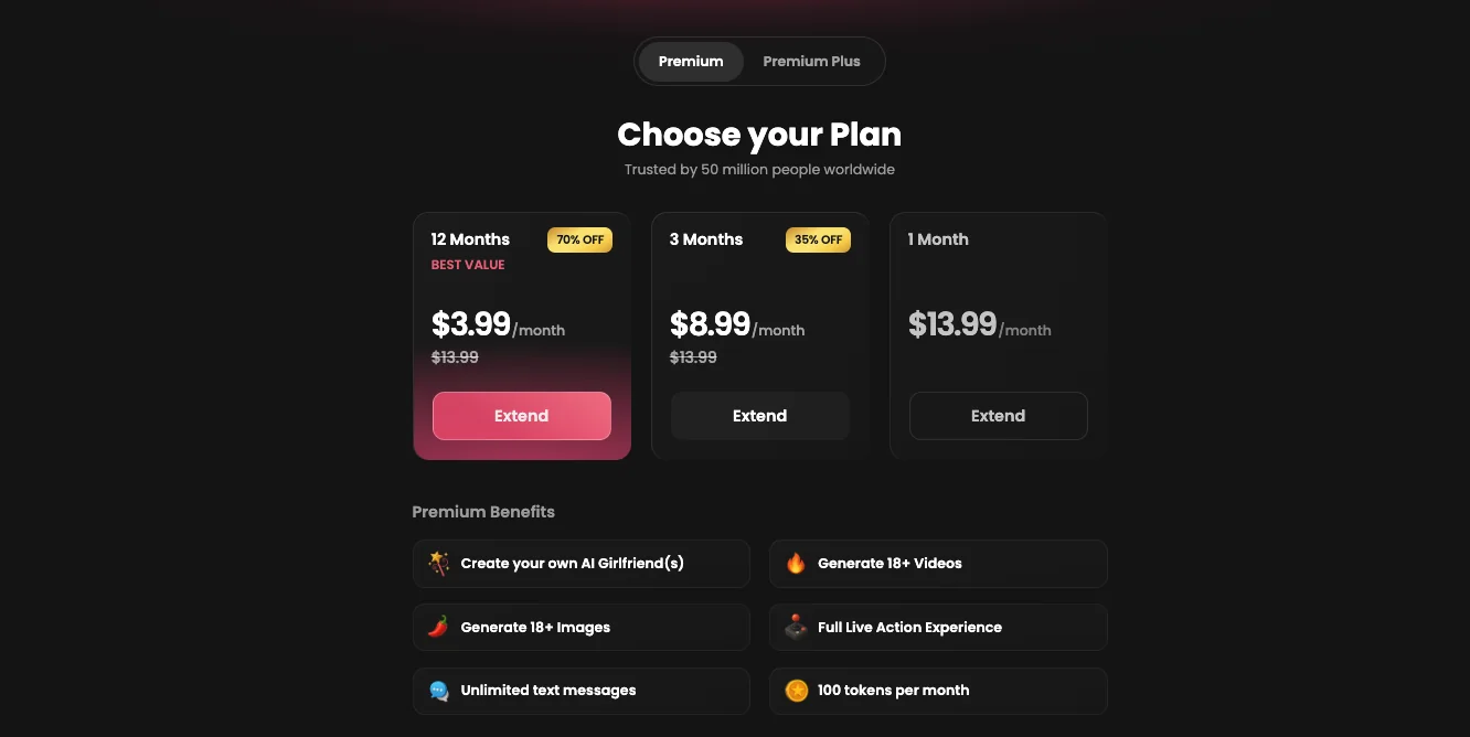 Candy.ai's Premium plan picker: $3.99/month for 12 months, $8.99/month for 3 months, $13.99 for 1 month