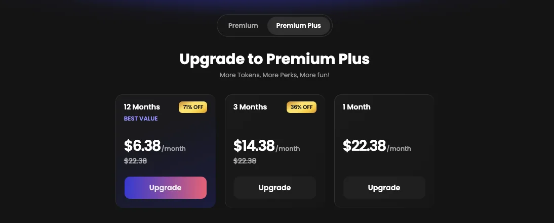 Candy.ai's Premium Plus plan picker: 12 months at $6.38 a month badged 71% OFF, 3 months at $14.38 and 1 month at $22.38, all struck through from $22.38