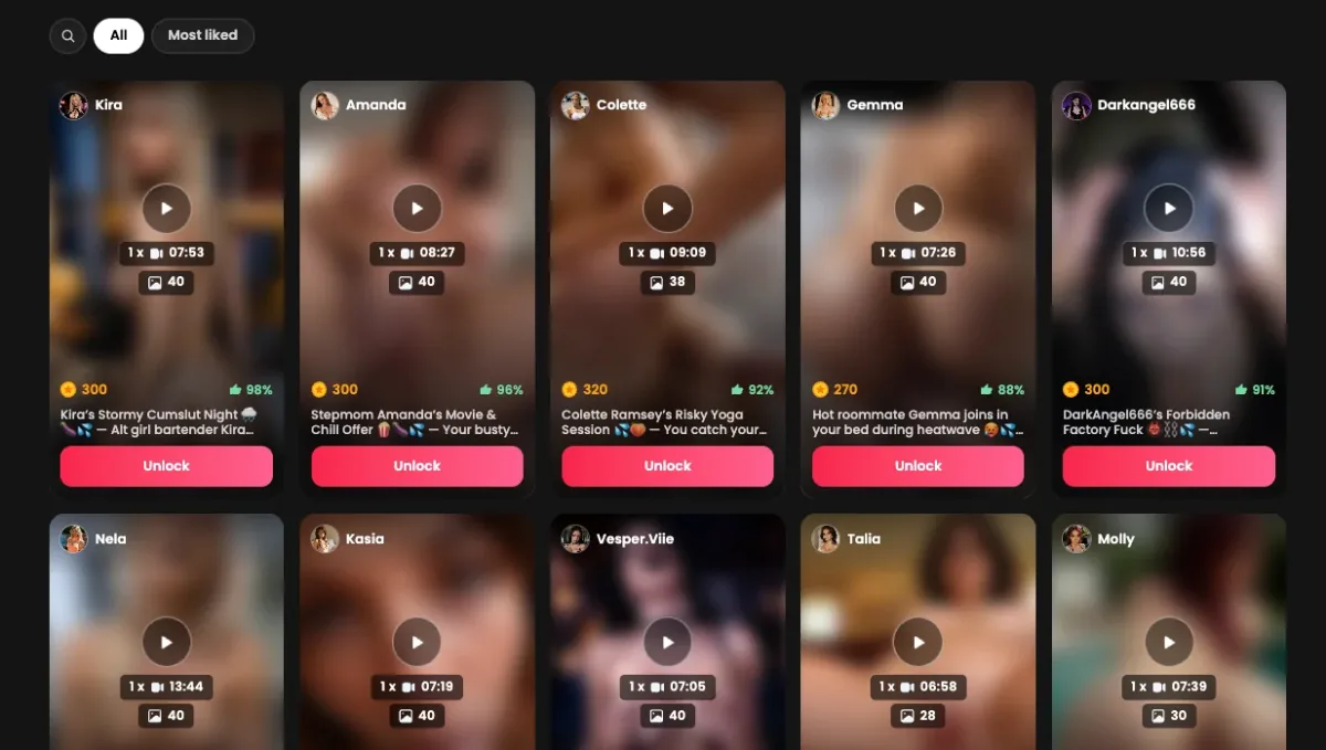 Candy.ai's Private Content store: rows of vendor-blurred video packs priced 270 to 320 tokens each, every tile carrying an Unlock button