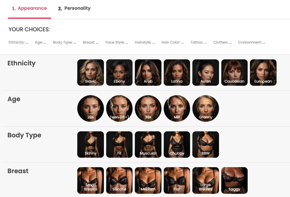 DreamGF's character builder: appearance step with picker tiles for ethnicity, age, body type and more, before a separate personality step