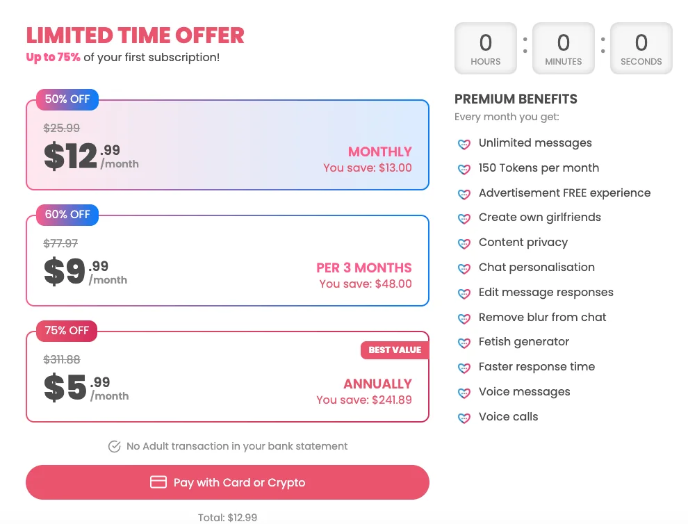 DreamGF's pricing page: a limited-time-offer banner with the countdown stuck at 0:00:00, intro prices struck through from $25.99, $77.97 and $311.88, and the no-adult-transaction billing claim