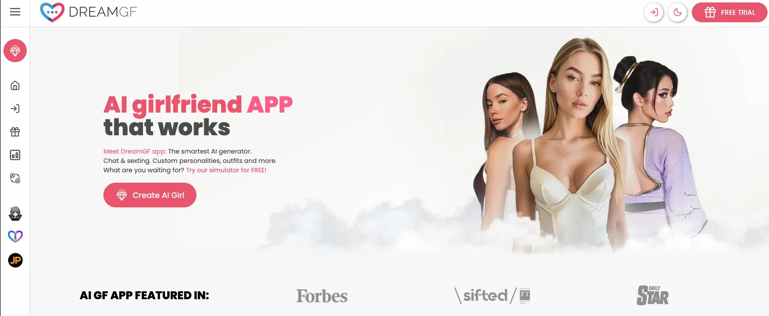DreamGF's homepage: an AI girlfriend app headline, a Create AI Girl button and a Free Trial badge, above a featured-in row naming Forbes, Sifted and Daily Star
