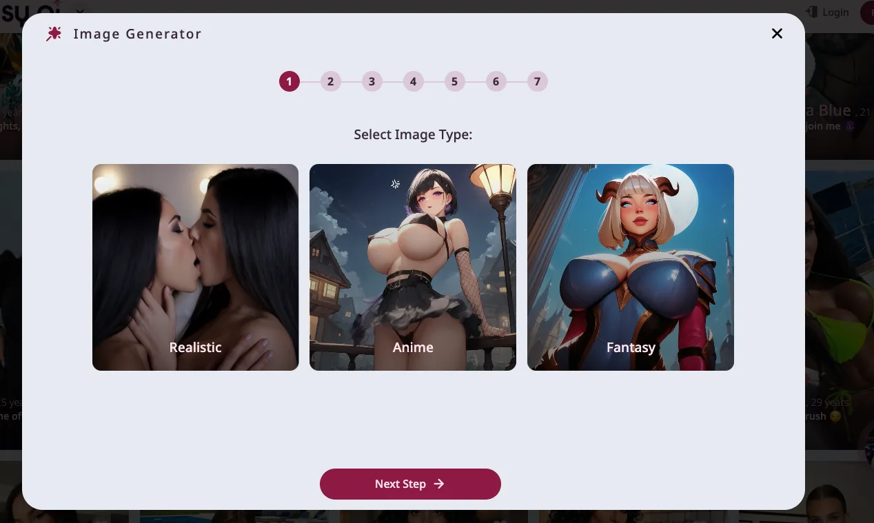 Fantasy.ai's image generator step 1 of 7, Select Image Type, with Realistic, Anime and Fantasy tiles