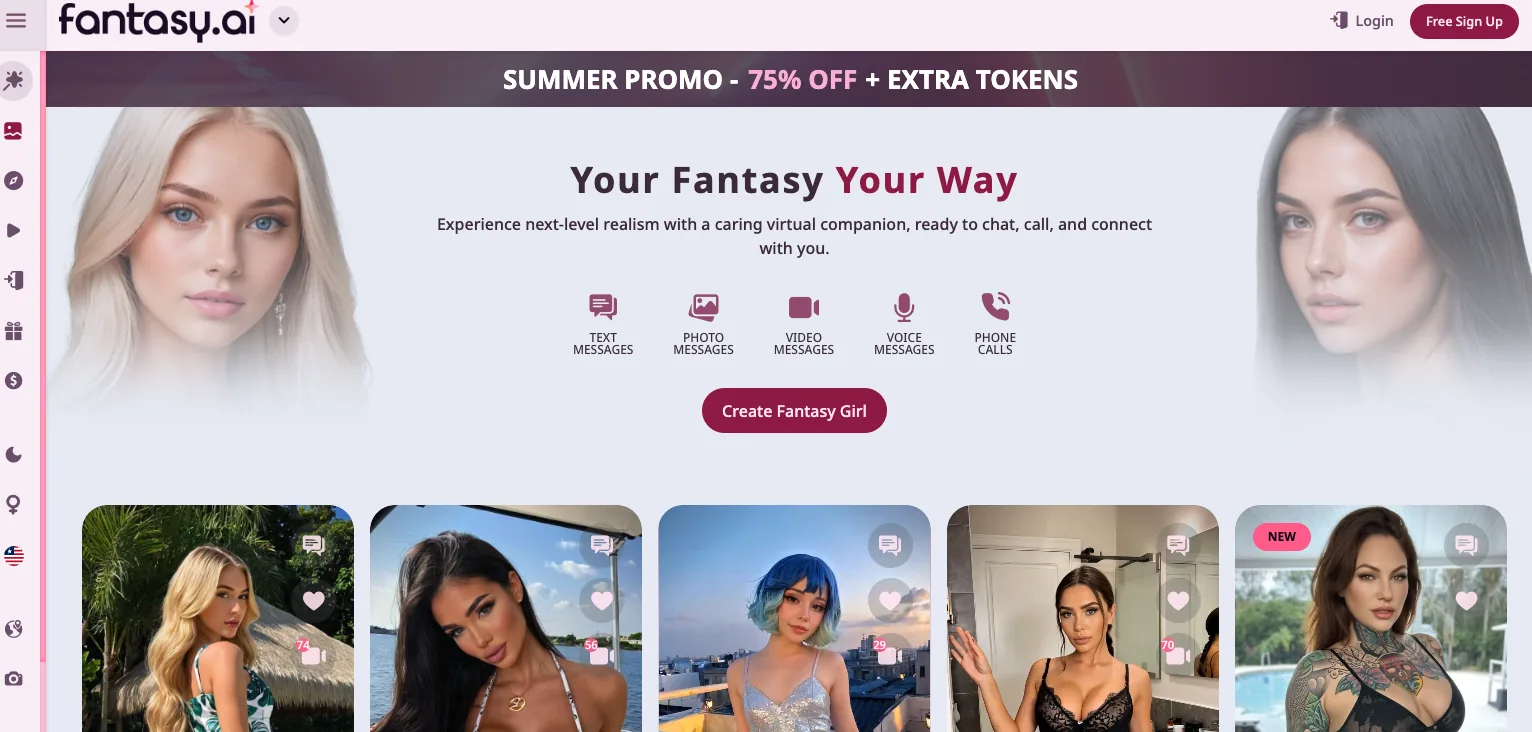 Fantasy.ai's homepage with a Summer Promo 75% Off + Extra Tokens banner and a feature row for text, photo, video, voice and phone calls