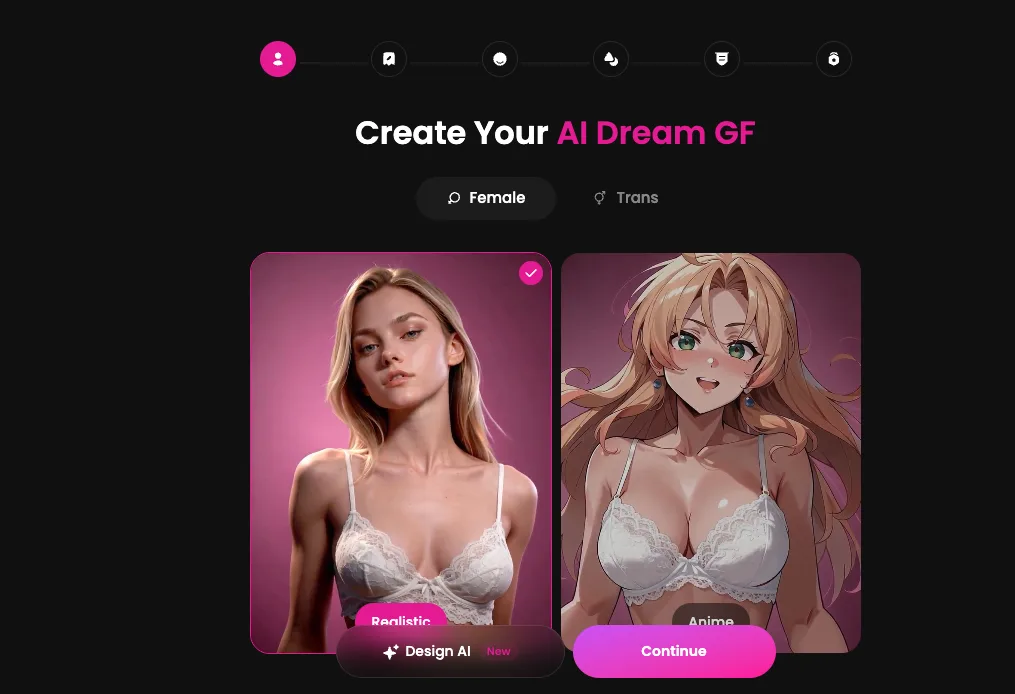 GoLove AI's character builder, whose first step offers Female or Trans and no male option