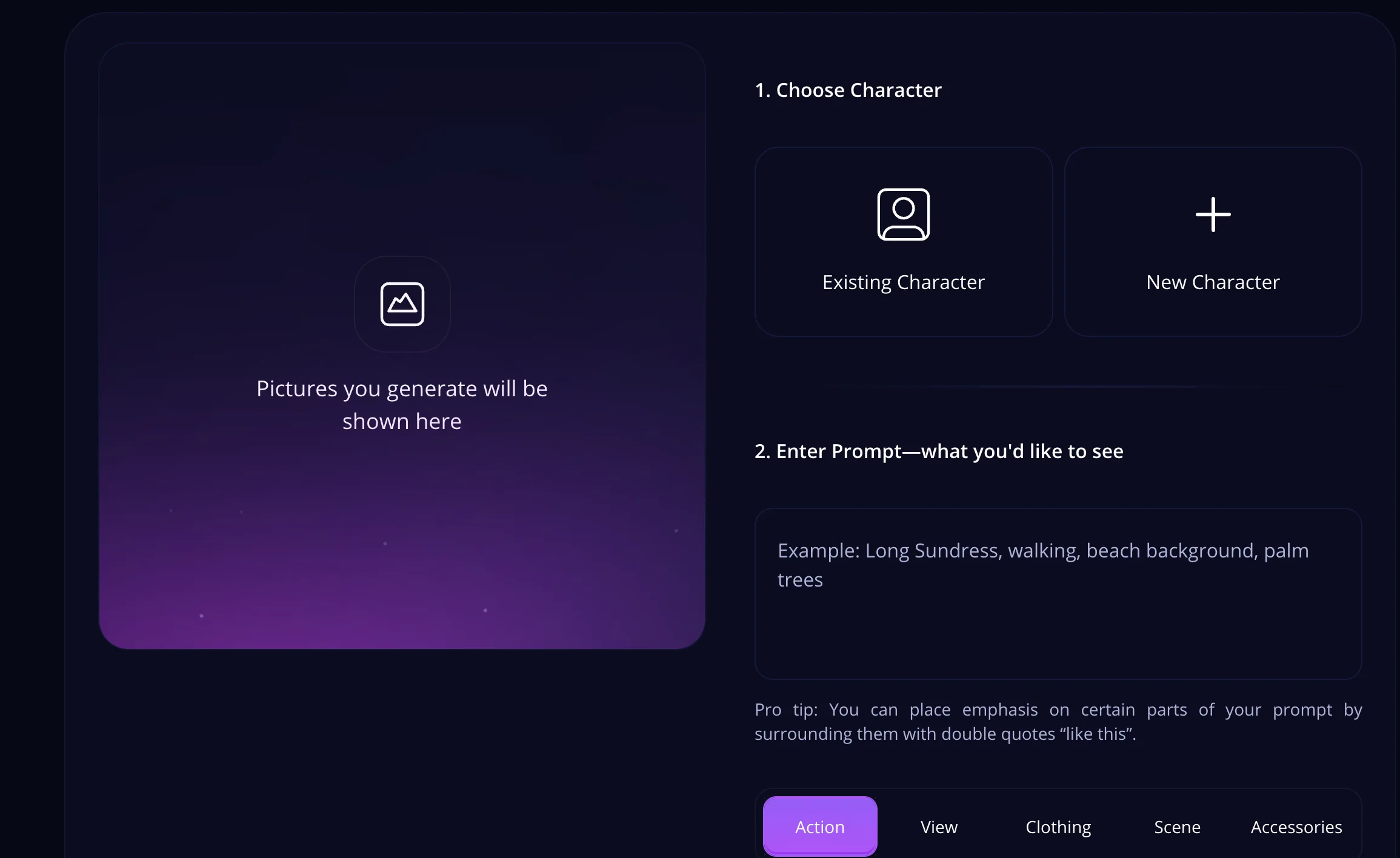 HeraHaven's image generator, driven by a prompt box with no upload control anywhere in the panel