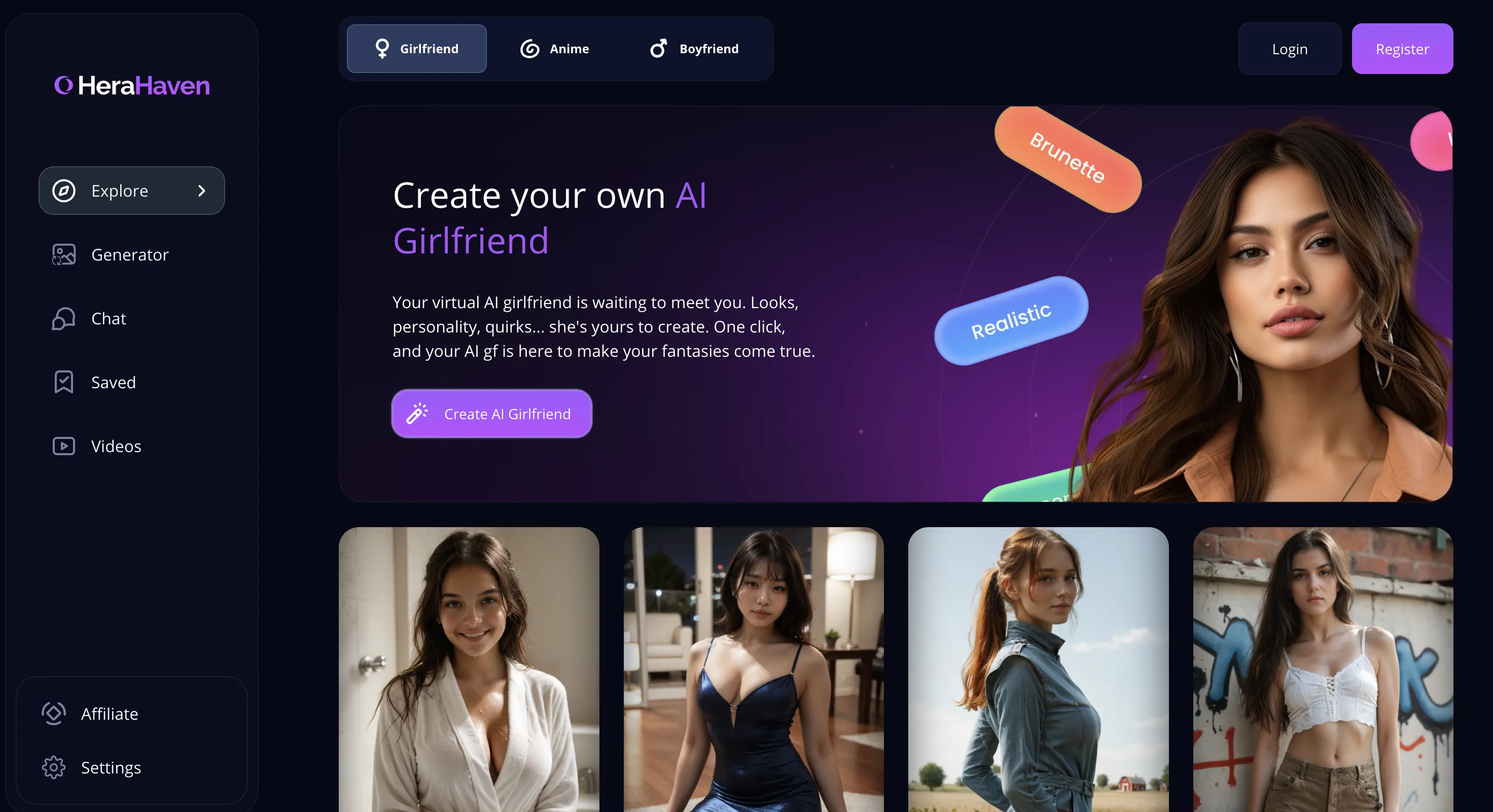 HeraHaven's logged-out homepage, showing the girlfriend, boyfriend and anime categories