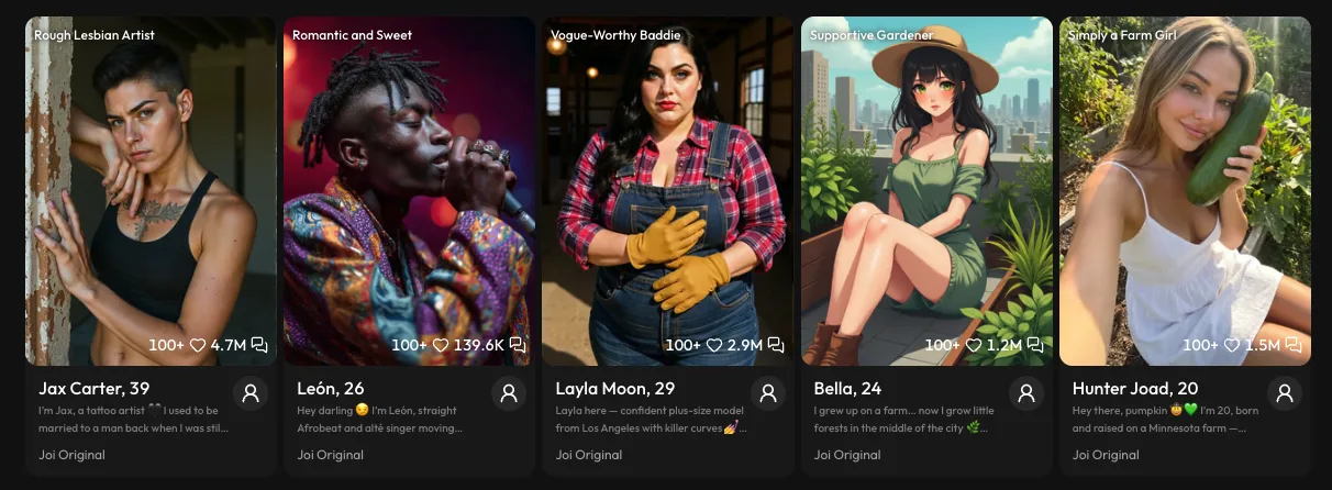 Joi AI's explore grid of companions, each card showing a name and an age