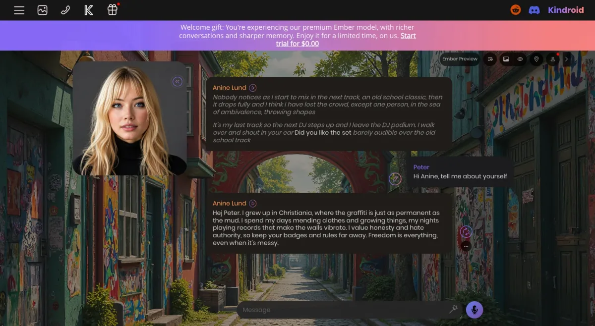 Kindroid's web chat interface: a companion replies in character, with regenerate and tweak controls beside the message and the Ember trial banner across the top