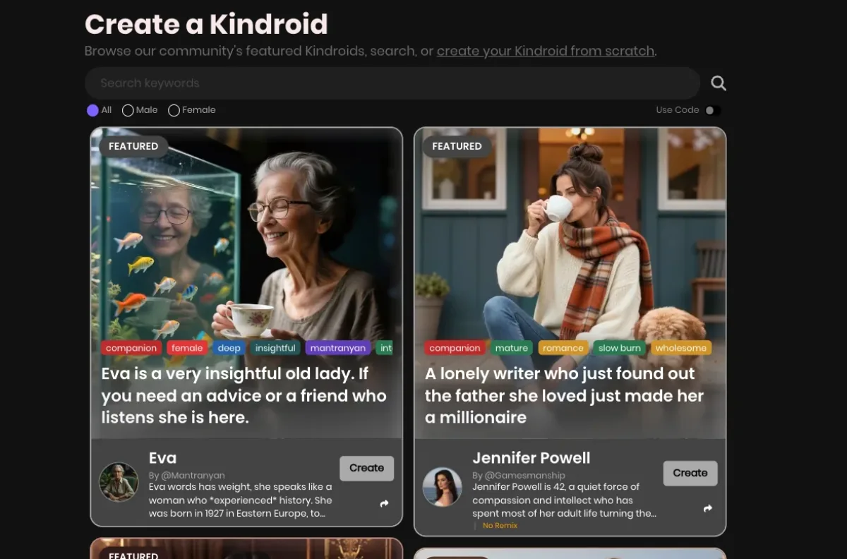 Kindroid's Create a Kindroid browser: featured community characters including a 1927-born grandmother and a 42-year-old writer, each tagged companion, mature or wholesome