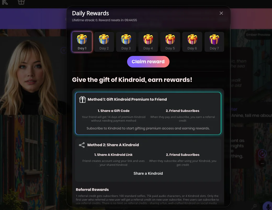 Kindroid's Daily Rewards modal: a seven-day gift streak plus the option to gift a friend 14 days of premium with no payment method