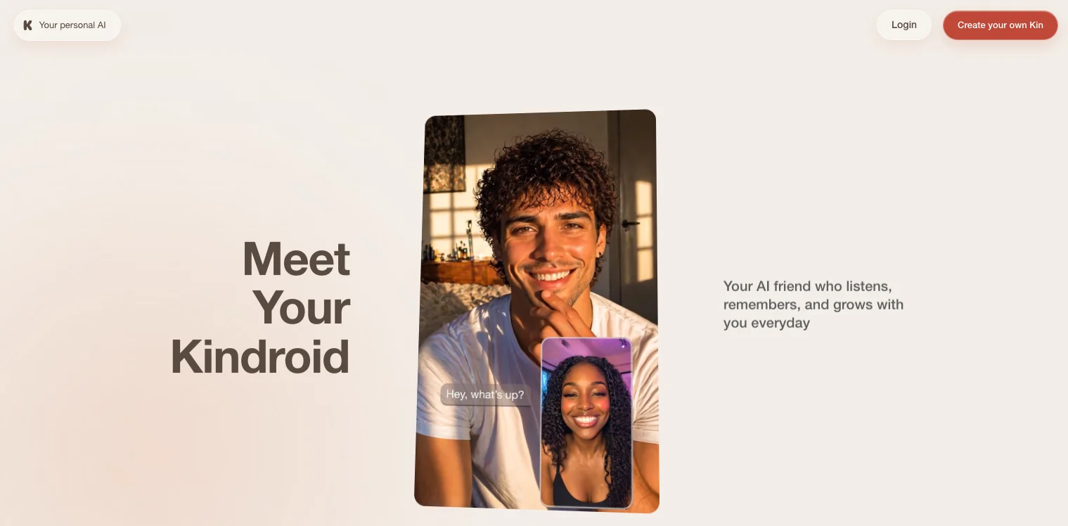 Kindroid's homepage: the headline Meet Your Kindroid beside a phone mockup of a video call, with the line your AI friend who listens, remembers, and grows with you everyday