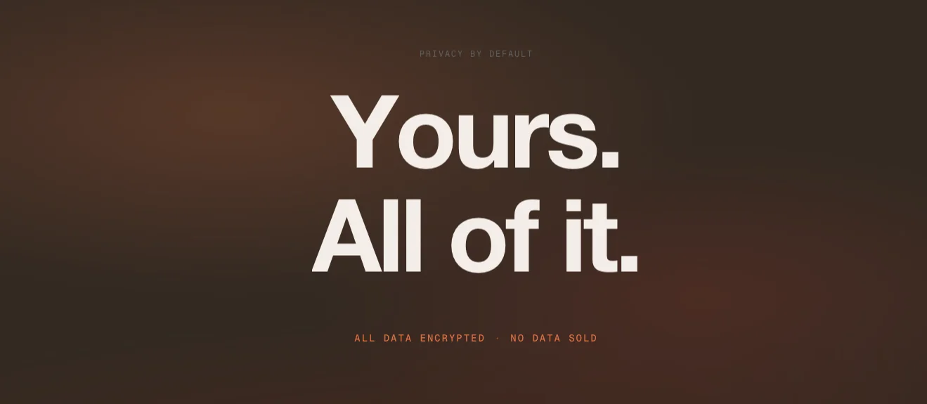 Kindroid's privacy marketing: a full-screen banner reading 'Yours. All of it.' over the claims 'all data encrypted' and 'no data sold'