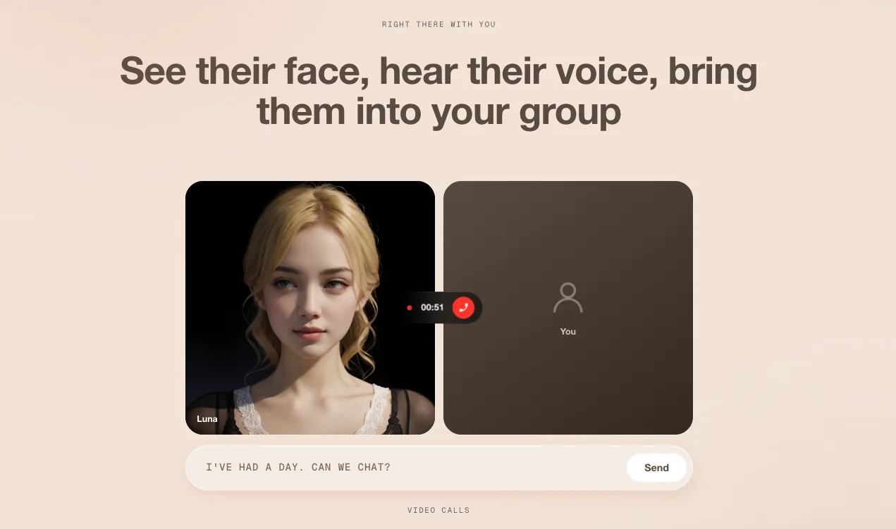 Kindroid's video-call marketing: a companion on a live call with a 51-second timer and a red hang-up button, beside an empty caller tile