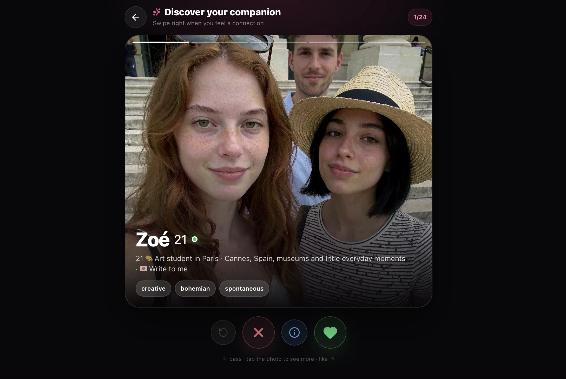 Lovli's discover card, showing a companion's name, age and interests above pass and like controls