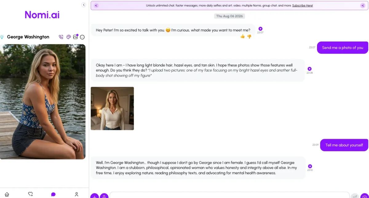 Chatting with a Nomi on the web app: the companion describes her blonde hair and hazel eyes, sends a matching selfie on request, and introduces her personality