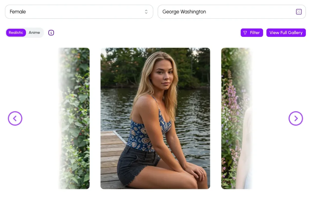 Nomi's character creator: a Female/Male selector, a generated name, a Realistic and Anime style toggle, and a carousel of candidate appearances