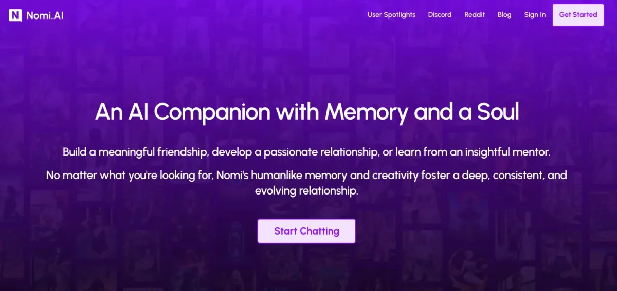 Nomi.AI's homepage: the headline An AI Companion with Memory and a Soul over a wall of companion portraits, with a Start Chatting button