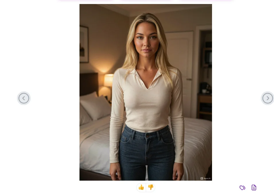 A Nomi-generated selfie of the blonde companion from our test chat, rendered in a bedroom setting with thumbs-up and thumbs-down feedback buttons