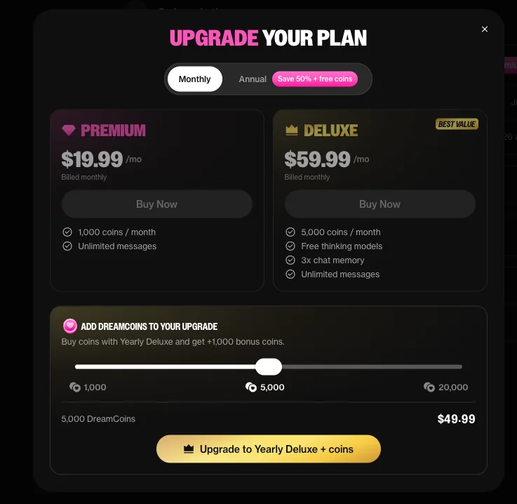 OurDream.ai's upgrade screen: Premium at $19.99/month with 1,000 coins, Deluxe at $59.99/month with 5,000 coins, and a DreamCoins slider selling 5,000 extra coins for $49.99