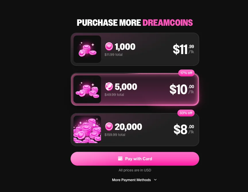 OurDream's DreamCoin store: 1,000 coins for $11.99, 5,000 for $49.99 badged 17% off, and 20,000 for $159.99 badged 33% off, all prices in USD