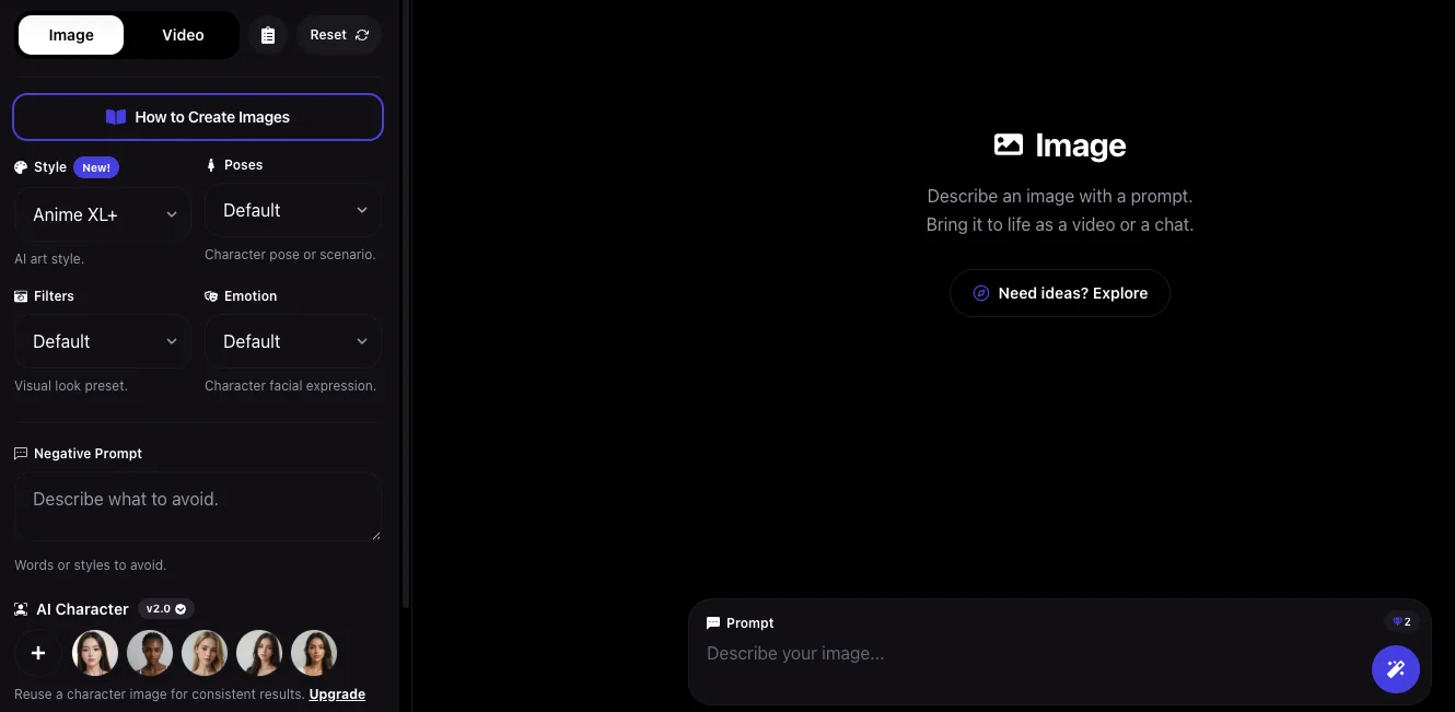 Promptchan's image creation panel with style, pose, filter and emotion dropdowns, a negative-prompt field, saved AI Characters for consistent results, and a gem-cost badge on the prompt bar