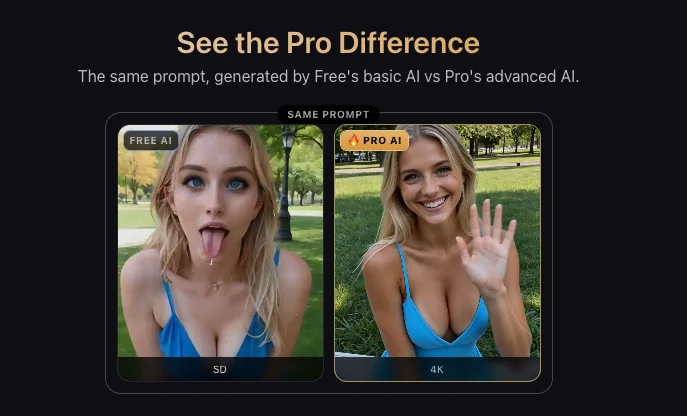 Promptchan's own free-versus-Pro comparison: the same prompt rendered by the free tier at SD quality and by the Pro tier at 4K